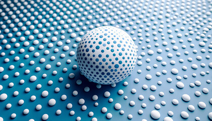 A white sphere with blue dots sits on a surface covered in smaller white spheres, creating a pattern of dots in varying sizes, all on a blue background.