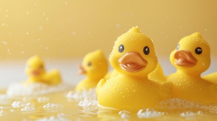 Yellow rubber ducks on a yellow background.
