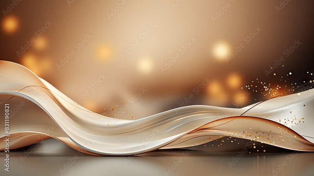 Poster a luxurious abstract design with golden swirls and particles on a soft-focus brown background