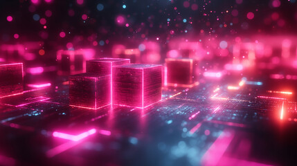 Obraz premium Abstract Cube Background. Backland Neon Light Modern Illusion, Sci-fi Style. Modern Fashion Light. 3D Illustration. Geometric Neon Light Background.