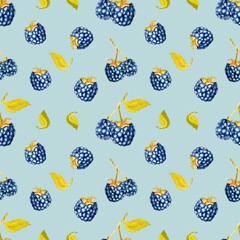 Summer blackberries, seamless pattern. Hand-drawn, watercolor painting. High resolution pattern on a colored background. Suitable for wallpaper, background, packaging, fabrics, etc.