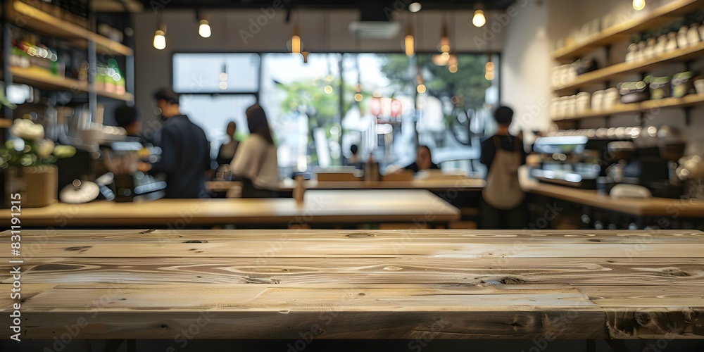 Poster blurred background of people in a coffee shop with an empty wooden table for product display. concep