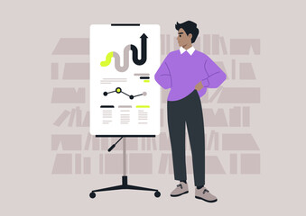 A confident professional stands next to a flip chart showcasing business growth metrics while in a modern library, indicating a successful presentation or meeting in progress