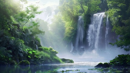 Wide shot of a lush forest with a majestic waterfall cascading into a serene cave, harmonious blend of natural elements, sense of wonder and tranquility.