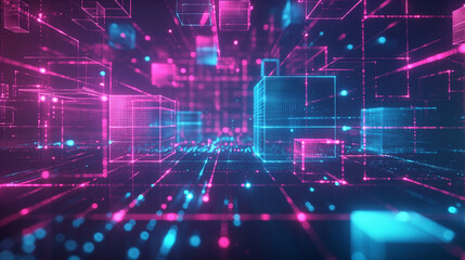 Obraz premium Abstract Cube Background. Backland Neon Light Modern Illusion, Sci-fi Style. Modern Fashion Light. 3D Illustration. Geometric Neon Light Background.