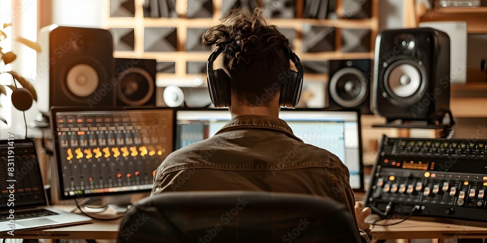 Poster sound engineer editing audio tracks in home studio adjusting music volume and mastering tunes. conce
