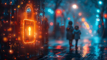 A glowing neon padlock shines on a city street as two figures walk past in the rain.  The image evokes a sense of mystery and security.