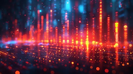 Abstract background with glowing red and blue lines and dots on a dark background.