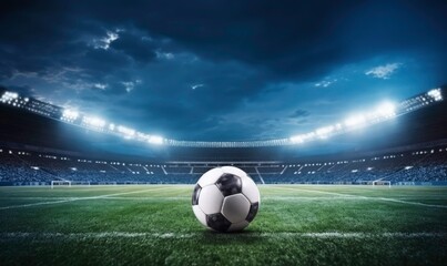 Soccer ball on the field of stadium with spotlight and dark sky background, sport competition concept. wide angle lens realistic daylight