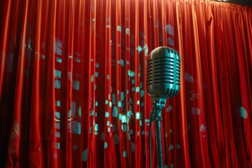 Classic silver microphone in spotlight with a blurred red curtain backdrop, setting a scene for performance