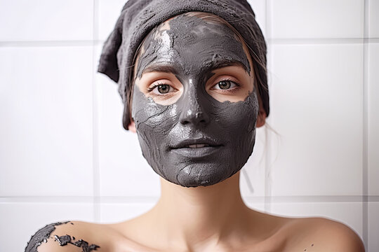 A woman with a black clay mask on her face is lying down on a bed