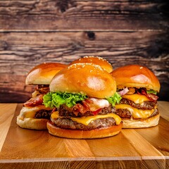 AI generated illustration of Three bacon cheeseburgers with lettuce on wooden board