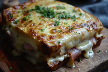 Delicious closeup view of a classic croque monsieur with melted cheese
