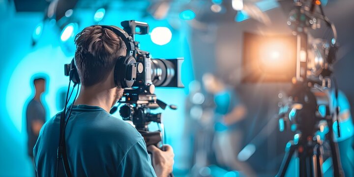 Film crew working together in a studio creating a TV commercial or movie behind the scenes. Concept Film Production, Studio Setting, TV Commercial, Movie Making, Behind the Scenes