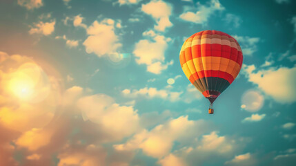 Naklejka premium Colorful hot air balloon soaring at sunset. Vibrant hot air balloon floating in a beautiful sunset sky, perfect for travel and adventure themes.