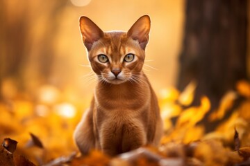 Portrait of a cute abyssinian cat on background of autumn leaves