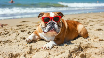 Relaxed bulldog wearing sunglasses on a sunny beach day