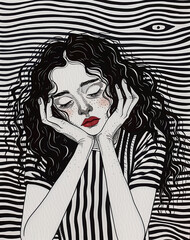 A striking black and white illustration of a woman with curly hair and red lips against a wavy striped background creating a bold and artistic composition