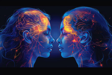 two women with their heads close together, one is made of blue and the other golden. Created with Ai