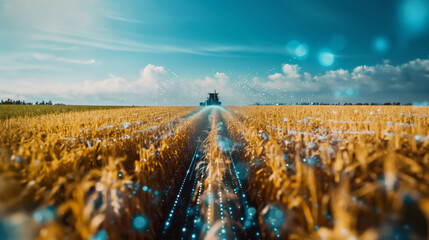 Tractor with attachments doing agricultural work in the grassland, farm machinery spraying pesticides on the green field, agricultural seasonal spring background