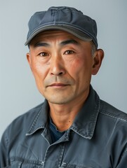 Fototapeta premium An Asian middle-aged automotive assembly worker wearing a gray uniform.