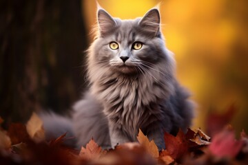 Portrait of a cute nebelung cat isolated on background of autumn leaves