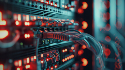 Naklejka premium A fiber optic cable connects to the optical port and a UTP network cable connects to the Ethernet port. Server rack attached to front panel switch ports