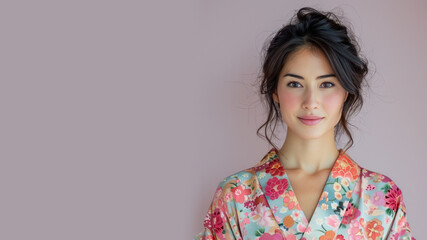 Canadian woman in japanese kimono traditional suit isolated on pastel