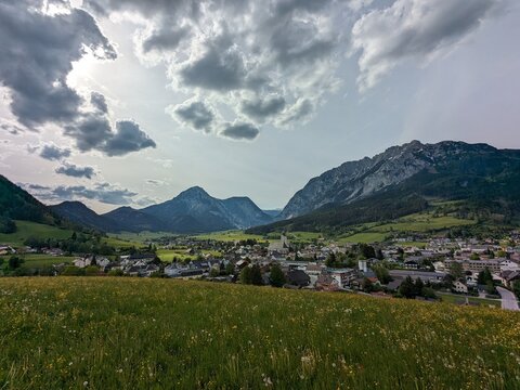 Grobming town located under Mount Stoderzinken (Grobming in the Enns Valley),Austrian Alps mountains, Salzkammergut, Styria, Austria, Europe