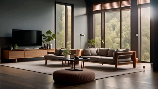 Modern Living Room With Furniture and Flat Screen TV Generative AI