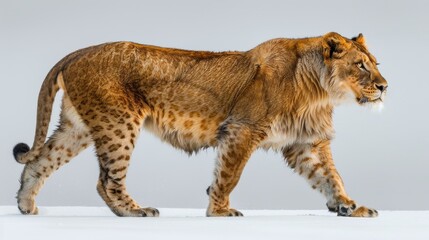 Leoparda Leo, 10 years old, walking with its head turning towards the camera, isolated on white