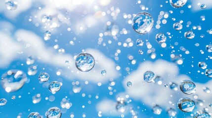 Ethereal blue water droplets suspended in serene sky