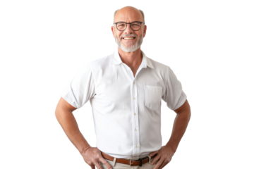 Smiling Middle-Aged Caucasian Man with Glasses in a White Shirt