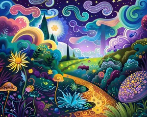 Colorful Fantasy Landscape with Swirling Sky and Path