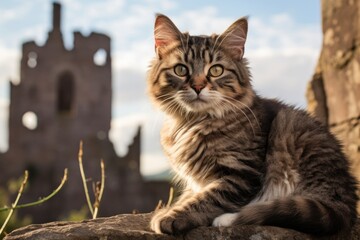 Portrait of a cute serengeti cat isolated on historic castle backdrop