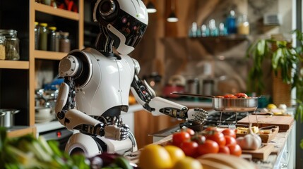 Robotic humanoid chef preparing a gourmet meal in a professional kitchen, front view, showcasing culinary skills and precision