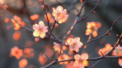 Serene springtime pink blossoms in golden hour light