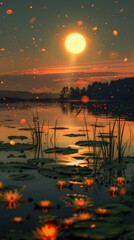 Magical sunset over tranquil lake with floating water lilies and glowing particles