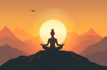 Woman meditating in lotus position on top of the mountain,international yoga day
