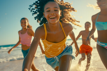 Happy smiling teenage African American girls running and having fun on tropical beach on summer vacation. Outdoor summer activities concept.