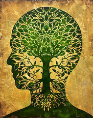 An artistic illustration of a tree growing inside a human head silhouette with intricate green branches symbolizing growth and nature within the mind