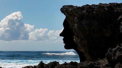Serene silhouette of a person blending with rocky coastline