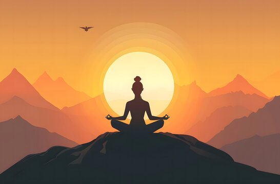 Woman meditating in lotus position on top of the mountain,international yoga day