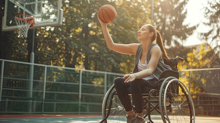 Female wheelchair user holding basketball outdoors