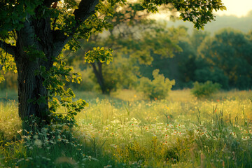 Summer green rural meadow with field plants and grass, countryside seasonal landscape with sun