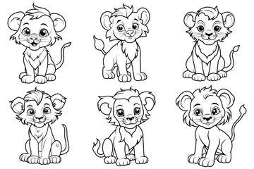 Coloring page outline of cartoon smiling cute little lion. Colorful vector illustration, summers coloring book for kids.