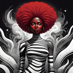 dark-skinned woman in a spectacular afro-style suit, decorated with a black and white striped bodysuit, the body is shrouded in flowing elements resembling flame smoke on a dark surrealism background