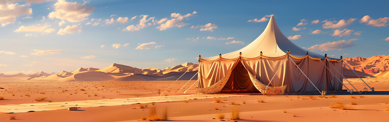 Authentic tents placed within the desert camping essentials blue sky and clouds on a background
