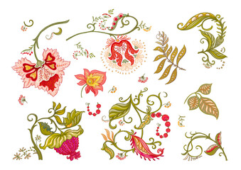 Fantasy flowers in retro, vintage, jacobean embroidery style. Clip art, set of elements for design Vector illustration.