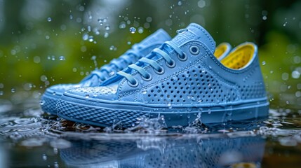 Summer sports eco shoe on the foot of a man in a splash of clear water, waterproof material